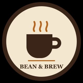 Un logo de café rond avec une tasse de café fumante et les mots Bean & Brew