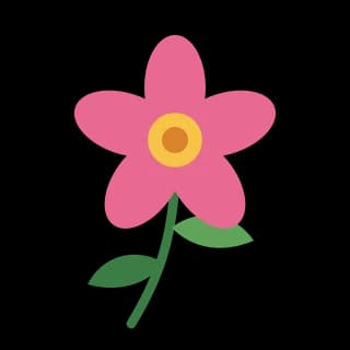 黄色い花芯のピンクの5枚花びらの花、緑の茎と2枚の葉